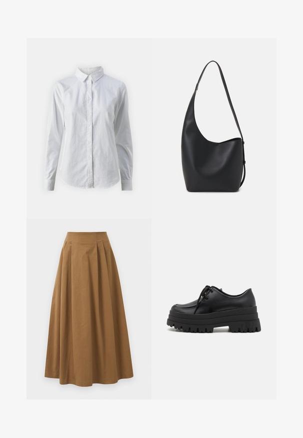 White button-up shirt made of smooth cotton, featuring a classic collar, long sleeves, and a curved hem. Buttons are small and white.; Brown cotton A-line skirt with a high waist, featuring pleats down the front and a smooth texture. Hem finishes are clean and simple.; Even&Odd Lace-ups - black; Black leather hobo bag with a smooth texture, curved shape, and single adjustable strap; features a wide opening at the top.