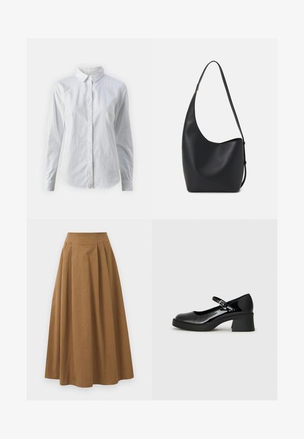 Valge nööpidega särk, mis on valmistatud siledast puuvillast. Särgil on klassikaline krae, pikad varrukad ja kaarduv äär. Nöödid on väikesed ja valged.; Pruun puuvillane A-line seelik kõrge vöökohaga, millel on voldid ees ja sile tekstuur. Pika serva viimistlus on puhas ja lihtne.; Mustad nahast Mary Jane kingad, millel on ümar varvas, reguleeritav rihm ja plokk-kand. Omab tekstureeritud tallat.; Mustast nahast hobo kott, millel on sile tekstuur, kumer kuju ja üks reguleeritav rihm; peal on lai avaus.