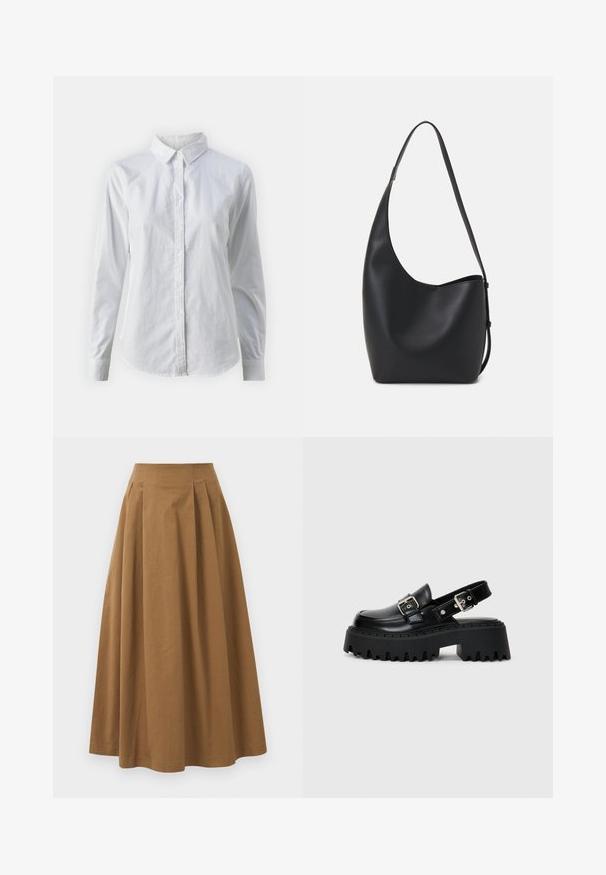 Fehér, sima pamutből készült gombos ing, klasszikus gallérral, hosszú ujjakkal és ívelt hemvéggel. A gombok kicsik és fehérek.; Barna pamut A-vonalú szoknya magas derékkal, elöl pliszézett és sima textúrával. Az alsó szegélyek letisztultak és egyszerűek.; Fekete platform szandálok fényes bőrből, csattal ellátott pánttal és érezhetően vastag talppal, amely kifejezett bordákkal rendelkezik.; Fekete bőr hobo táska sima textúrával, ívelt formával és egyetlen állítható pánttal; széles nyílás található a tetején.