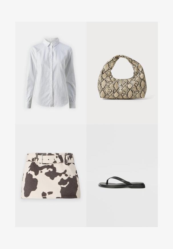 Witte overhemd met knopen van glad katoen, met een klassieke kraag, lange mouwen en een afgeronde zoom. De knopen zijn klein en wit.; Koeprint denim mini-rok met een ceintuur in de taille. Heeft contrasterende donkerbruine vormen op een lichte achtergrond. Gecoate stof met stevige stiksels.; Zwarte teenflip-flop van glad leer, met een dunne band en een platte zool met een minimalistisch profiel. Geen opvallende patronen of accenten.; Slangpatroon handtas met een gebogen handvat. Gemaakt van gestructureerde, beige en bruine materialen, met een kenmerkend ruitpatroon.