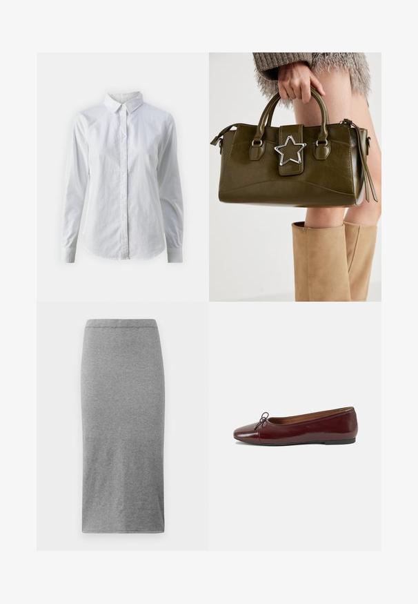 Biała koszula zapinana na guziki, wykonana z gładkiej bawełny, z klasycznym kołnierzykiem, długimi rękawami i zaokrąglonym dołem. Guziki są małe i białe.; Szara, spódnica do kolan wykonana z miękkiego, elastycznego materiału. Charakteryzuje się prostym, dopasowanym krojem, elastycznym pasem i gładką fakturą.; Bordowe baleriny z lakierowanej skóry z zaokrąglonym noskiem, małą kokardką z przodu oraz niską, czarną gumową podeszwą. Gładka tekstura.; Oliwkowa torebka z ekoskóry z srebrnym akcentem w kształcie gwiazdy, podwójnymi uchwytami i zapięciem na zamek. Teksturowana powierzchnia i wyraźnie zarysowany kształt.