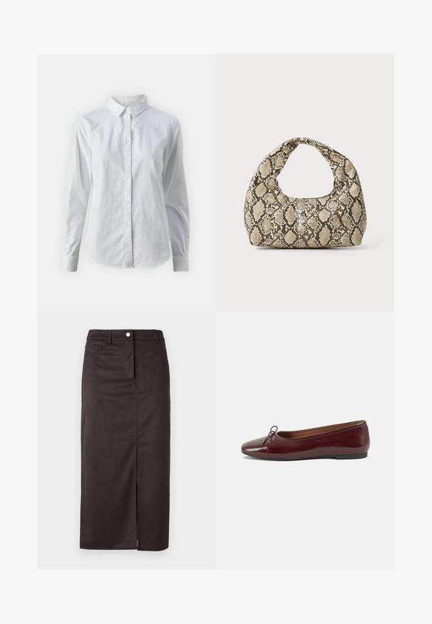 Fehér, sima pamutből készült gombos ing, klasszikus gallérral, hosszú ujjakkal és ívelt hemvéggel. A gombok kicsik és fehérek.; Barna, térdmeghosszabbítású szoknya sima anyagból. Elöl hasíték, gombos zárás és oldalzsebek a praktikus használat érdekében.; Burgundi lakkbőr balettcipő kerek orral, elöl kis masni díszítéssel és alacsony, fekete gumi talppal. Simára csiszolt felület.; Kígyómintás kézitáska ívelt fogantyúval. Texturált, bézs és barna anyagból készült, jellegzetes gyémántmintával.