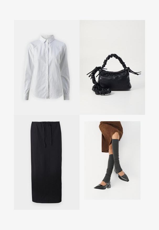 Balta pogājamā krekla augšdaļa, izgatavota no gluda kokvilnas, ar klasisku apkakli, garām piedurknēm un izliekto apakšmalu. Pogas ir mazas un baltas.; Melnā, potītes garuma svārki, izgatavoti no mīkstas auduma; ar elastīgu jostu un auklu regulējamai piegulšanai. Vienkārša, viendabīga dizaina.; Melnas laka ādas apavi ar norādītu purngalu, blokveida papēdi un potīšu jostu, saskaņoti ar pelēkām ribotām kāju sildītājām un brūnu zamšādas svārku.; Melnā mākslīgās ādas rokassoma ar krokodila rakstu, savilkta augšdaļa un saburzīta siksna. Izskatās mīksta un kompakta pēc dizaina.