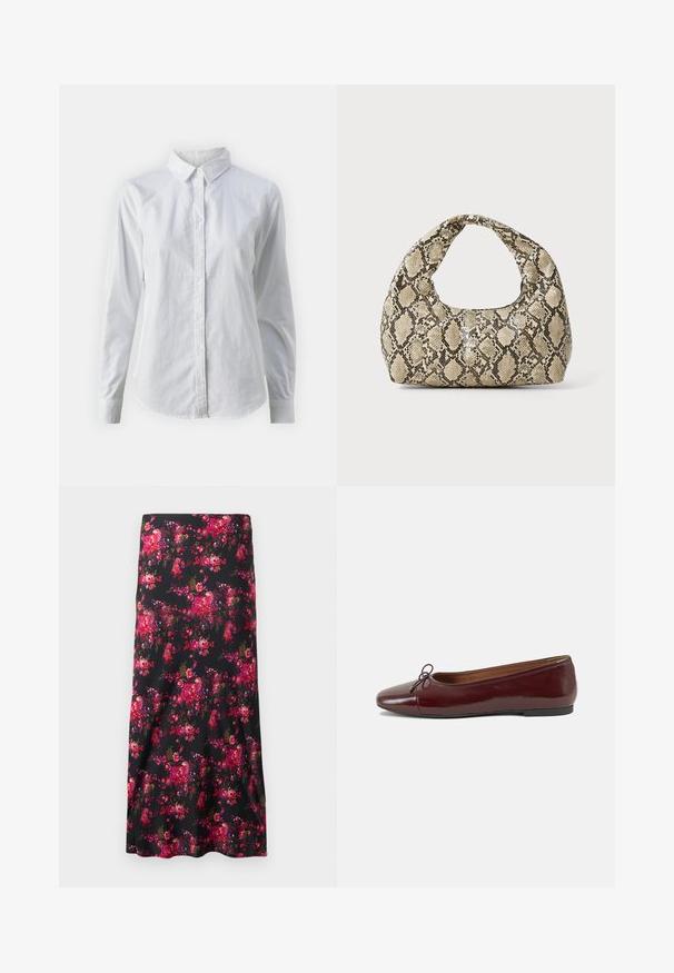 Cămașă albă cu nasturi, confecționată din bumbac neted, având un guler clasic, mâneci lungi și un tiv curbat. Nasturii sunt mici și albi.; Fustă midi florală de culoare neagră, cu un model vibrant de flori roz și roșii. Material neted, formă A, cu un tiv larg.; Balerini din piele patent burgund cu vârful rotund, accent de fundiță mică în față și talpă joasă din cauciuc negru. Textură netedă.; Geantă cu imprimeu de șarpe, având un mâner curbat. Fabricată din materiale texturate, bej și maronii, cu un model distinctiv în formă de diamant.