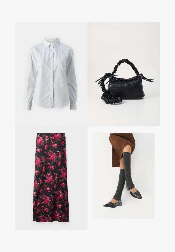 Fehér, sima pamutből készült gombos ing, klasszikus gallérral, hosszú ujjakkal és ívelt hemvéggel. A gombok kicsik és fehérek.; Fekete virágos midi szoknya, élénk rózsaszín és piros virágmintával. Simának érződő anyag, A-vonalú fazon, széles szegéllyel.; Fekete lakk bőrből készült, hegyes orrú cipők, tömbsarkúakkal és bokapánttal, szürke bordás lábszármelegítőkkel és barna velúr szoknyával párosítva.; Fekete műbőr kézi táska krokodil bőr textúrával, összehúzható tetejű és gyűrt pánttal. Lágy és kompakt dizájnúnak tűnik.