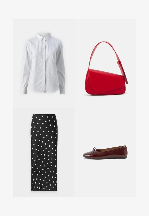 White button-up shirt made of smooth cotton, featuring a classic collar, long sleeves, and a curved hem. Buttons are small and white.; Black polka dot skirt with white dots, made of smooth fabric. Features a straight design, knee-length cut, and elastic waistband.; Burgundy patent leather ballet flat with a rounded toe, small bow accent at the front, and a low, black rubber sole. Smooth texture.; Red leather handbag with an angular, geometric design. Features a single adjustable strap and a flap closure with stitched detailing.