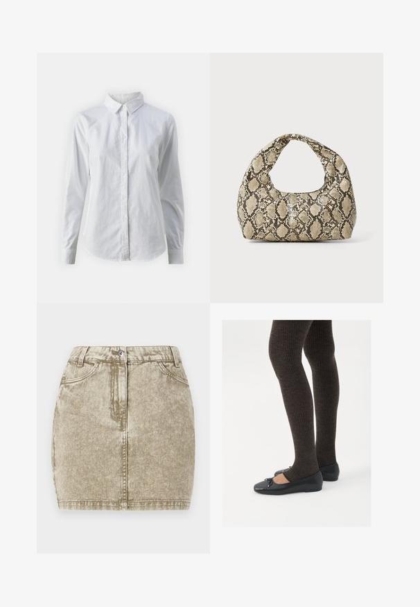 Bela srajca z gumbki, narejena iz gladkega bombaža, s klasičnim ovratnikom, dolgimi rokavi in ukrivljenim robom. Gumbi so majhni in beli.; Khaki kavbojke krilo z teksturirano površino, pet žepov, sprednja gumbasta zapora in šivani detajli ob robovih.; Črne ravne čevlje z majhnim lokom na prstih, v kombinaciji s temno rjavimi rebrastimi nogavicami. Čevlji imajo gladko teksturo in nizko obliko.; Torba z vzorom kače s ukrivljenim ročajem. Narejena iz teksturiranih, bež in rjavih materialov, ki imajo značilen diamante vzorec.