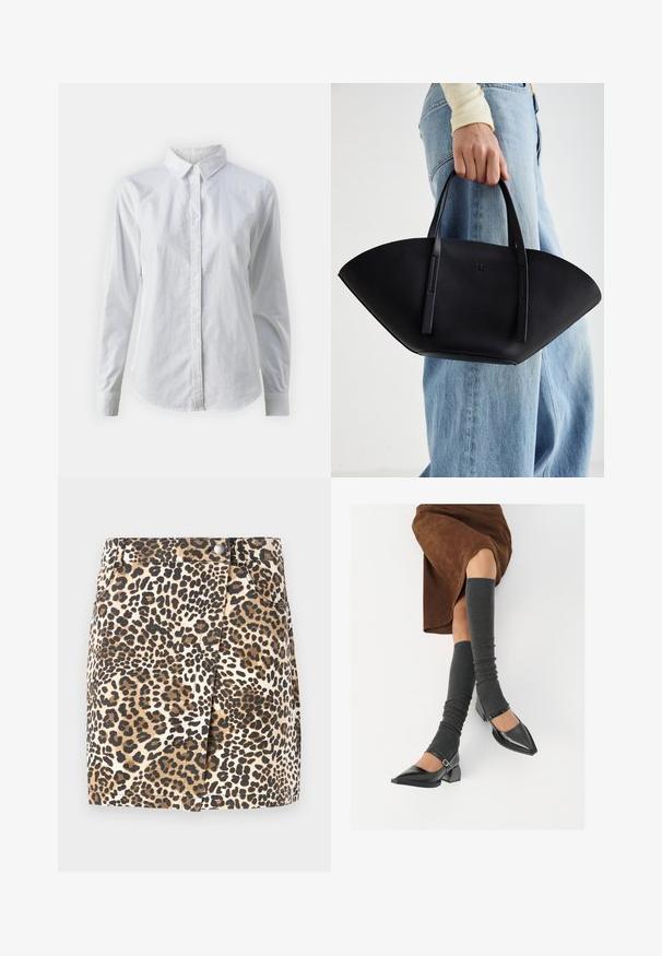 Balta marškinėliai su mygtukais, pagaminti iš lygios medvilnės, su klasikiniais apykaklės, ilgomis rankovėmis ir lenktu kraštu. Mygtukai maži ir balti.; JDY JDYRAY SHORT SKIRT - Mini sijonas - pumice stone; Juodi lakuoti odiniai batai su aštriu kuma ir bloko kulnu, derinami su pilkais riebiais kojų šildytuvais ir rudais zomšiniais sijonais.; Juodas odinis rankinis uždangalas unikaliu ventiliatoriaus formos dizainu, turintis plokščias rankenas. Paviršius turi akmeninė tekstūrą ir minimalistišką dizainą.