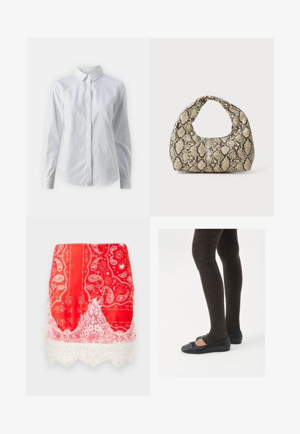 White button-up shirt made of smooth cotton, featuring a classic collar, long sleeves, and a curved hem. Buttons are small and white.; Red mini skirt with white paisley and mystical prints, trimmed with white floral lace at the hem.; Black flat shoes with a small bow detail at the toe, paired with dark brown ribbed tights. Shoes have a smooth texture and low profile.; Snake-print handbag with a curved handle. Made from textured, beige and brown materials, featuring a distinctive diamond pattern.