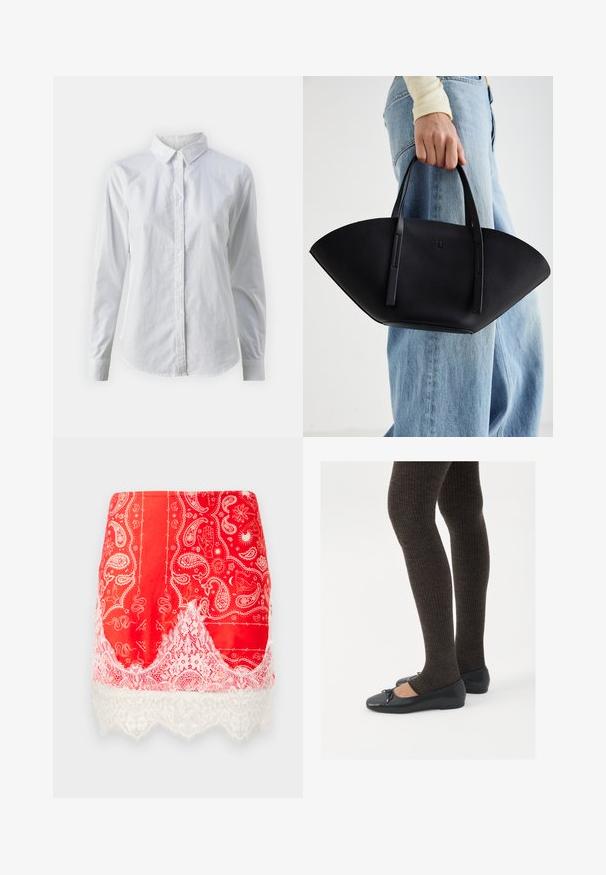 Camicia bianca con bottoni, realizzata in cotone liscio, dotata di un colletto classico, maniche lunghe e orlo curvo. I bottoni sono piccoli e bianchi.; Mini gonna rossa con stampe a paisley bianche e motivi mistici, rifinita con pizzo floreale bianco all'orlo.; Scarpe nere a flat con un piccolo fiocco sulla punta, abbinate a collant a coste marrone scuro. Le scarpe hanno una texture liscia e un profilo basso.; Borsa a tracolla in pelle nera con una forma a ventaglio unica, dotata di manici piatti. La superficie presenta una texture a ciottoli e un design minimalista.