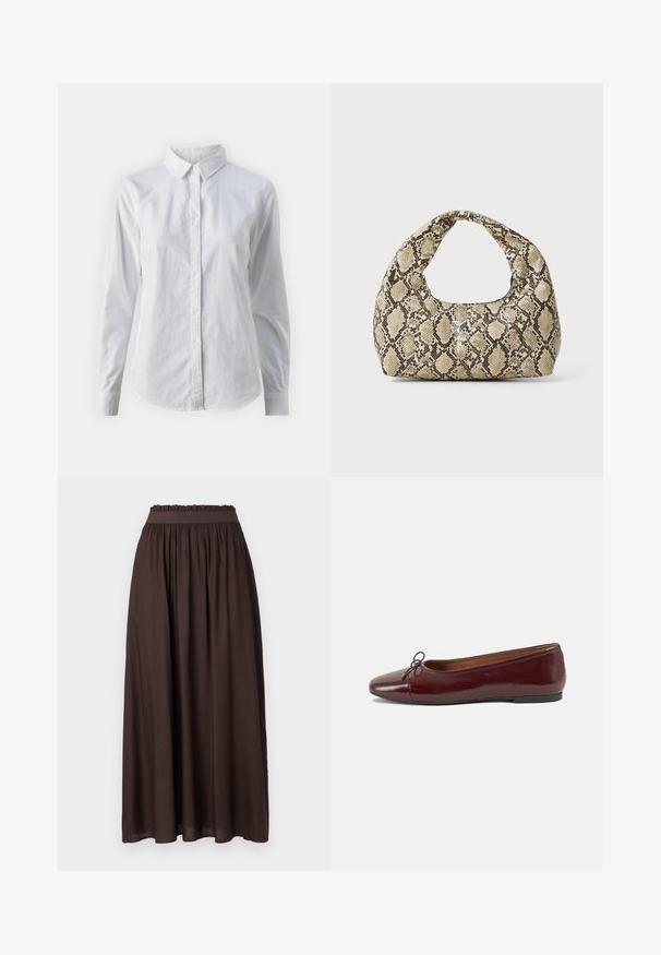 Camicia bianca con bottoni, realizzata in cotone liscio, dotata di un colletto classico, maniche lunghe e orlo curvo. I bottoni sono piccoli e bianchi.; Gonna marrone alla caviglia realizzata in tessuto morbido. Vita elastica con texture arricciata, che offre una vestibilità comoda. Design semplice, senza motivi.; Ballerine in pelle verniciata bordeaux con punta arrotondata, piccolo fiocco decorativo sulla parte anteriore e suola bassa in gomma nera. Texture liscia.; Borsa a stampa rettile con manico curvo. Realizzata in materiali testurizzati beige e marroni, presenta un distintivo motivo a rombi.