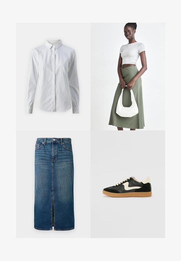 Balta marškinėliai su mygtukais, pagaminti iš lygios medvilnės, su klasikiniais apykaklės, ilgomis rankovėmis ir lenktu kraštu. Mygtukai maži ir balti.; Tamsiai mėlynas džinsinis midi sijonas su priekinėmis skeltėmis, penkiais kišenėmis ir kontrastinga siuvinėjimo linija. Turi sagos ir užtrauktuko uždarymo mechanizmą liemens srityje.; Juodos zomšo ir odos sportinės bateliai su kreminiu šoniniu swoosh ir šviesiai kreminiu kulnu. Ypatybės - smėlio spalvos raišteliai ir guminis padas.; Pilka juostuota trumpa palaidinė ir alyvuogių žalios spalvos aukšto liemens sijonas. Modelis laiko baltą petį krepšį su išpjovomis. Paprastas dizainas, prigludusi siluetas.