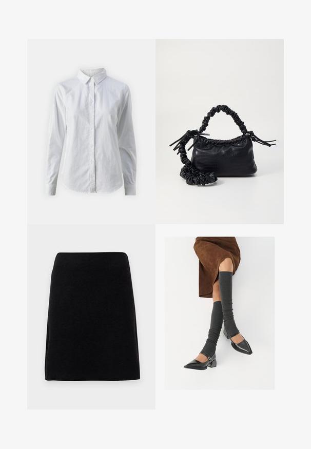 Balta pogājamā krekla augšdaļa, izgatavota no gluda kokvilnas, ar klasisku apkakli, garām piedurknēm un izliekto apakšmalu. Pogas ir mazas un baltas.; Melnā mini svārku izgatavota no mīksta auduma, ar taisnu griezumu un bezšuvju jostu, bez redzamām aizdariem vai rakstiem.; Melnas laka ādas apavi ar norādītu purngalu, blokveida papēdi un potīšu jostu, saskaņoti ar pelēkām ribotām kāju sildītājām un brūnu zamšādas svārku.; Melnā mākslīgās ādas rokassoma ar krokodila rakstu, savilkta augšdaļa un saburzīta siksna. Izskatās mīksta un kompakta pēc dizaina.