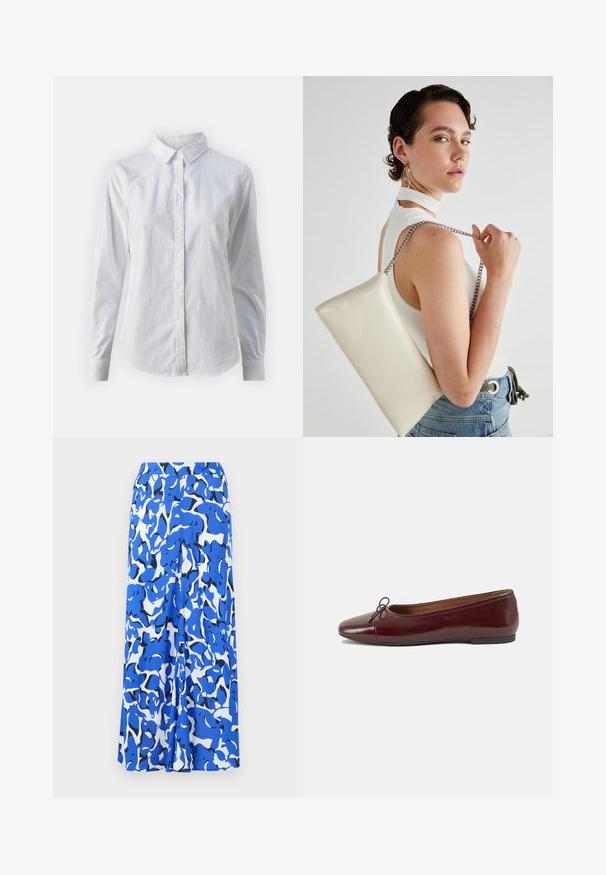 Biela košeľa s gombíkmi vyrobená z hladkej bavlny, s klasickým golierom, dlhými rukávmi a zakriveným lemom. Gombíky sú malé a biele.; Dlhá sukňa s modro-bielym abstraktným vzorom, ľahká tkanina, široký pás a rovný strih so bočnými rozparokmi.; Burgundské lakované balerínky s okrúhlou špičkou, malou mašľou na prednej strane a nízkou čiernou gumovou podrážkou. Hladký povrch.; Biely obdĺžnikový kabelka z lesklého materiálu s strieborným reťazovým popruhom. Model predvádza kabelku na jednotnom pozadí.