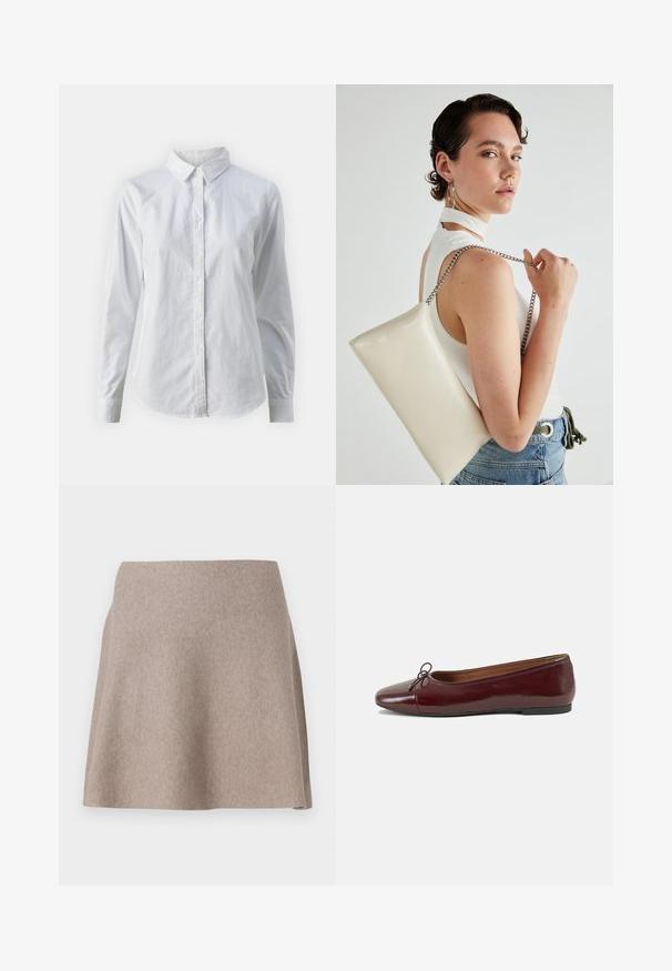 Camisa blanca de botones hecha de algodón suave, con un cuello clásico, mangas largas y un dobladillo curvado. Los botones son pequeños y blancos.; Una falda beige de corte acampanado, hecha de una tela suave con una textura lisa y un dobladillo limpio. Diseño sencillo sin patrones o adornos visibles.; Bailarina de charol burdeos con punta redonda, pequeño lazo en la parte frontal y una suela baja de goma negra. Textura suave.; Bolso de mano rectangular blanco, hecho de un material brillante, con una cadena plateada. La modelo posa, mostrando el bolso frente a un fondo liso.