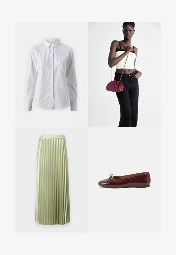 Balta pogājamā krekla augšdaļa, izgatavota no gluda kokvilnas, ar klasisku apkakli, garām piedurknēm un izliekto apakšmalu. Pogas ir mazas un baltas.; Kraukšķīgs midi svārku modelis gaismas zaļā satīnā ar gludu tekstūru. Uzbūvēts jostas viegnam piegulšanai, garums līdz pēdai, ar vienmērīgiem vertikāliem krokojumiem visā virsmā.; Burgundijas laku ādas baleta kurpes ar noapaļotu purngalu, nelielu loku akcentu priekšā un zemu melnu gumijas zoli. Gluda tekstūra.; Burgundijas mīkstas auduma soma ar sakoptu dizainu un garu siksnu, nēsāta uz krūšu. Modelis valkā baltu piegriezuma topu un melnas džinsus.