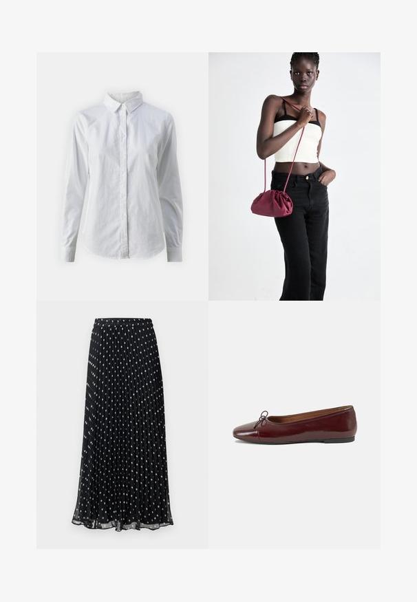 Hvid skjorte med knapper lavet af glat bomuld, der har en klassisk krave, lange ærmer og en buet kant. Knapperne er små og hvide.; Sort, plisseret midiskørt med hvidt prikmønster, der har en elastisk talje for en fleksibel pasform. Letvægts, flydende stof.; Bordeaux patentlæder balletflad med rund tå, lille sløjfeaccent foran og en lav, sort gummisål. Glat tekstur.; Bordeaux blødt stof håndtaske med en sammenpresset design og en lang rem, båret som crossbody. Modellen bærer en hvid cropped top og sorte jeans.