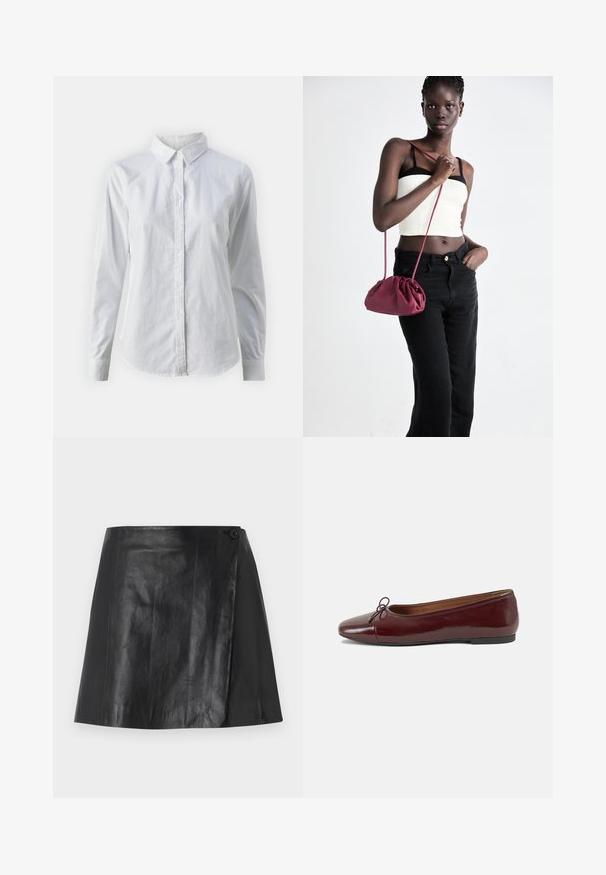 Fehér, sima pamutből készült gombos ing, klasszikus gallérral, hosszú ujjakkal és ívelt hemvéggel. A gombok kicsik és fehérek.; Fekete műbőr mini szoknya, elől átkötős részlettel, jobboldalon gombbal rögzítve, sima textúrával és enyhe fényességgel.; Burgundi lakkbőr balettcipő kerek orral, elöl kis masni díszítéssel és alacsony, fekete gumi talppal. Simára csiszolt felület.; Burgundy puha anyagú kézitáska, ráncolt dizájnnal és hosszú pánttal, keresztben hordva. A modellen fehér rövid top és fekete farmer van.