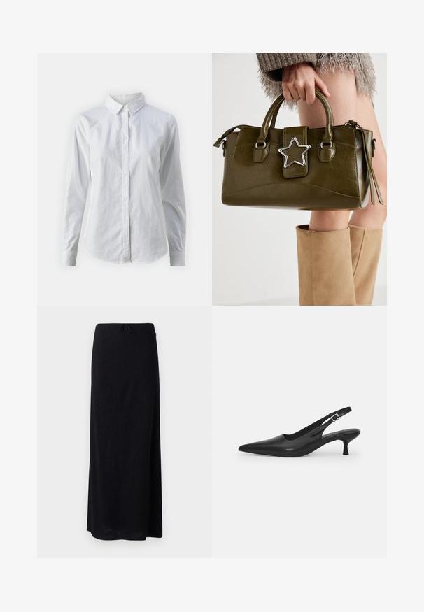 Fehér, sima pamutből készült gombos ing, klasszikus gallérral, hosszú ujjakkal és ívelt hemvéggel. A gombok kicsik és fehérek.; Fekete maxi szoknya sima, könnyű anyagból. Rugalmas derékrésszel és húzózsinórral rendelkezik. Egyszerű, egyenes vonalú szabás, szegéllyel.; Fekete bőr szandálcipő hegyes orral és karcsú, ívelt sarokkal. Diszkrét, állítható pánttal rendelkezik, fém csattal.; Olívazöld műbőr kézitáska ezüst csillag díszítéssel, dupla fogantyúval és cipzáros zárással. Texturált felület és formázott alak.
