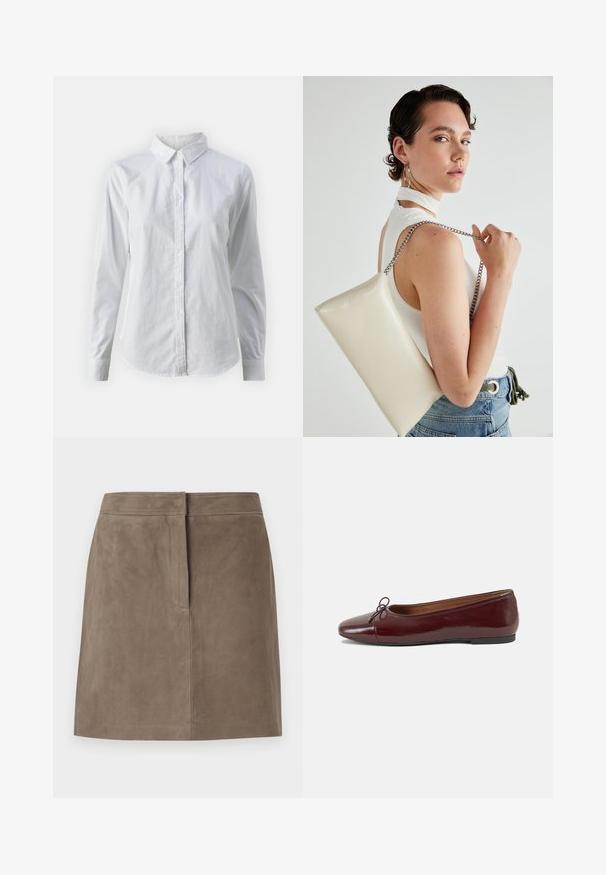 Balta marškinėliai su mygtukais, pagaminti iš lygios medvilnės, su klasikiniais apykaklės, ilgomis rankovėmis ir lenktu kraštu. Mygtukai maži ir balti.; Taukine, kelių ilgio, suknelė iš zomšos su tiesiu siluetu ir paslėptu siūlu priekyje, fono nelankytas.; Bordo lakiotos odos baleto bateliai su apvalia nosimi, maža kaspinėlio akcentu priekyje ir žema juoda guma padanga. Lygi tekstūra.; Balta, stačiakampio formos rankinė pagaminta iš blizgaus medžiagos, su sidabriniu virvute. Modelis pozavo, demonstruodamas rankinę prieš paprastą foną.