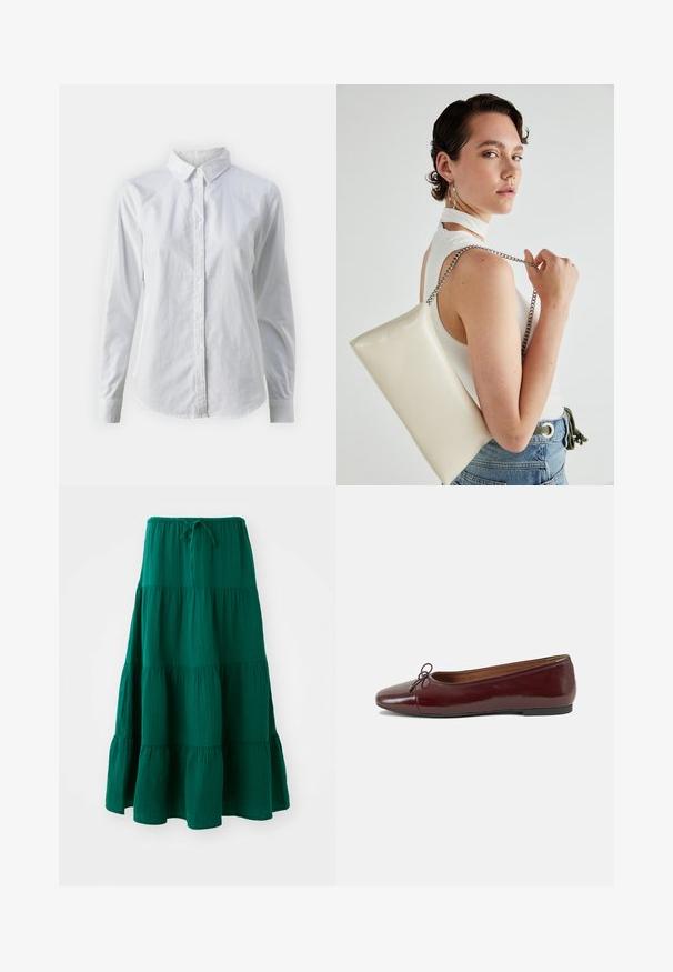 Camisa blanca de botones hecha de algodón suave, con un cuello clásico, mangas largas y un dobladillo curvado. Los botones son pequeños y blancos.; Falda maxi en verde con capas, hecha de tejido ligero. Presenta una cintura con cordón y volantes acampanados en el dobladillo. Textura suave.; Bailarina de charol burdeos con punta redonda, pequeño lazo en la parte frontal y una suela baja de goma negra. Textura suave.; Bolso de mano rectangular blanco, hecho de un material brillante, con una cadena plateada. La modelo posa, mostrando el bolso frente a un fondo liso.