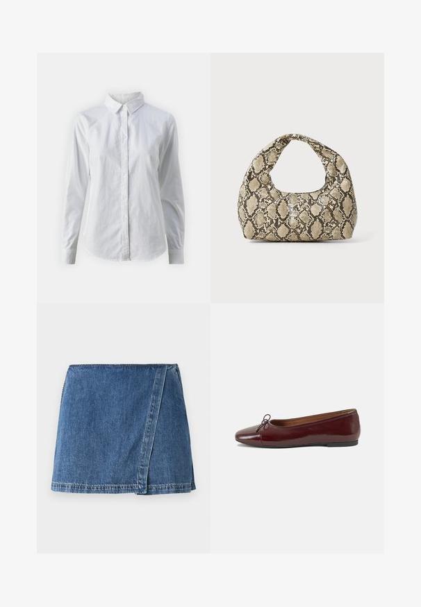 Bjela košulja na dugih rukava od glatkog pamuka, s klasičnom kragnom i zakrivljenim rubom. Dugmad su mala i bijela.; Traper suknja u srednje plavoj boji s dizajnom omota, koja ima vidljive šavove i ravni rub.; Burgundska lakirana balerinka s zaobljenim vrhom, malim mašnom sprijeda i niskom, crnom gumenom potplatu. Glatka tekstura.; Torba s uzorkom zmije s zakrivljenom drškom. Izrađena od teksturiranih materijala u bež i smešnim tonovima, sa karakterističnim dijamantnim uzorkom.