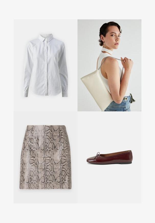 Valge nööpidega särk, mis on valmistatud siledast puuvillast. Särgil on klassikaline krae, pikad varrukad ja kaarduv äär. Nöödid on väikesed ja valged.; Kitsas mini seelik, mis on valmistatud läikivast, tekstureeritud kunstnahast, millel on beeži ja musta värvi peene kääriga nahamuster, sile viimistlus ja nähtamatud kinnitused.; Burgundi patendnahk kingad balletitüüpi, ümmarguse ninaosa, ees väike paelaaktsent ja madal must kummist tald. Sile tekstuur.; Valge ristkülikuline kotti, mis on valmistatud läikivast materjalist, hõbedase ahelsangaga. Mudel poseerib, tutvustades kotti ühtlase taustaga.