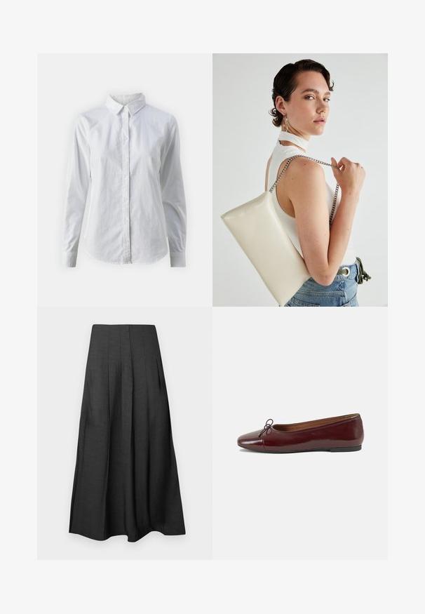 Cămașă albă cu nasturi, confecționată din bumbac neted, având un guler clasic, mâneci lungi și un tiv curbat. Nasturii sunt mici și albi.; Fustă midi plisată neagră, confecționată dintr-un material ușor, cu o textură netedă; are buzunare laterale și o siluetă fluidă.; Balerini din piele patent burgund cu vârful rotund, accent de fundiță mică în față și talpă joasă din cauciuc negru. Textură netedă.; Geantă de clutch rectangulară albă, realizată dintr-un material lucios, având o curea de lanț argintie. Modelul pozează, evidențiind geanta pe un fundal simplu.
