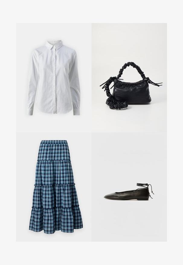 Biela košeľa s gombíkmi vyrobená z hladkej bavlny, s klasickým golierom, dlhými rukávmi a zakriveným lemom. Gombíky sú malé a biele.; Modrá a biela kockovaná sukňa s vrstveným strihom a elastickým pásom, doplnená o riasené vrstvy a splývavý siluet. Mäkký bavlnený materiál.; Čierne kožené baletky s špicatou špičkou, viazaním okolo členka a plochou podrážkou, s hladkou textúrou a minimalistickým dizajnom.; Čierna umelá kožená kabelka s kroko vzorom, sťahovaným vrchom a zhnutým popruhom. Vyzerá mäkko a kompaktné v dizajne.
