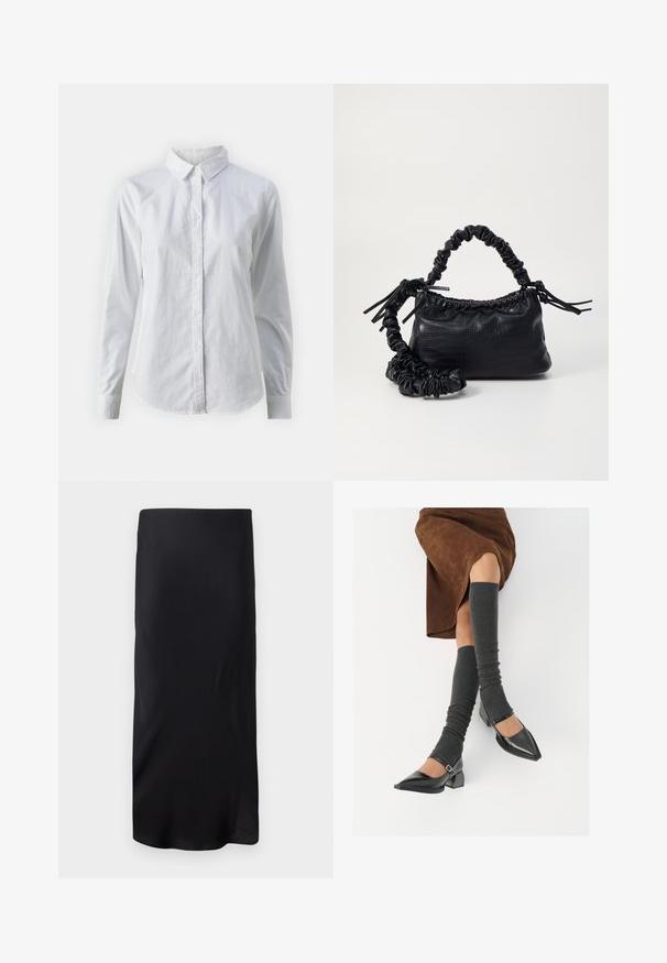 Valge nööpidega särk, mis on valmistatud siledast puuvillast. Särgil on klassikaline krae, pikad varrukad ja kaarduv äär. Nöödid on väikesed ja valged.; Must have, ilma varrukat midi seelik, mis on valmistatud sileda kangaga. Omab sirget, pikendatud vormi, ilma mustrite või aktsentideta. Lihtne ja minimalistlik disain.; Mustad patsaline odav värviga kingad, millel on kreen ja pahkluuring, on paaritatud hallide ribakudumitega sääremiidega ja pruunist nahast seelikuga.; Must must sünteetilisest nahast käekott, millel on krokodillimuster, kokku tõmmatav ülaosa ja kortsus rihm. Tundub pehme ja kompaktne disain.