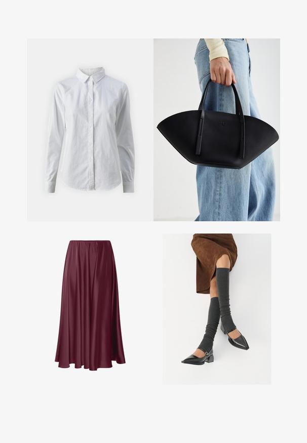 Weißes Hemd mit Knöpfen, aus glattem Baumwollstoff, mit klassischem Kragen, langen Ärmeln und abgerundetem Saum. Die Knöpfe sind klein und weiß.; Burgunderfarbene, bodenlange Rock aus glattem, glänzendem Stoff mit fließendem Design und elastischem Bund. Keine Muster oder Akzente vorhanden.; Schwarze lacklederne spitze Schuhe mit Blockabsatz und Knöchelriemen, kombiniert mit grauen gerippten Beinstulpen und einem braunen Wildlederrock.; Schwarze Lederhandtasche mit einzigartiger Fächerform, ausgestattet mit flachen Griffen. Die Oberfläche hat eine genoppte Textur und ein minimalistisches Design.