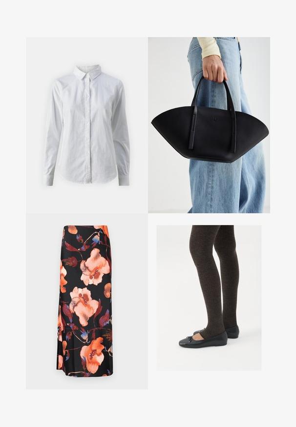 Camicia bianca con bottoni, realizzata in cotone liscio, dotata di un colletto classico, maniche lunghe e orlo curvo. I bottoni sono piccoli e bianchi.; Gonna midi floreale con sfondo nero e grandi fiori ad acquerello arancioni e blu; tessuto liscio con una leggera lucentezza.; Scarpe nere a flat con un piccolo fiocco sulla punta, abbinate a collant a coste marrone scuro. Le scarpe hanno una texture liscia e un profilo basso.; Borsa a tracolla in pelle nera con una forma a ventaglio unica, dotata di manici piatti. La superficie presenta una texture a ciottoli e un design minimalista.