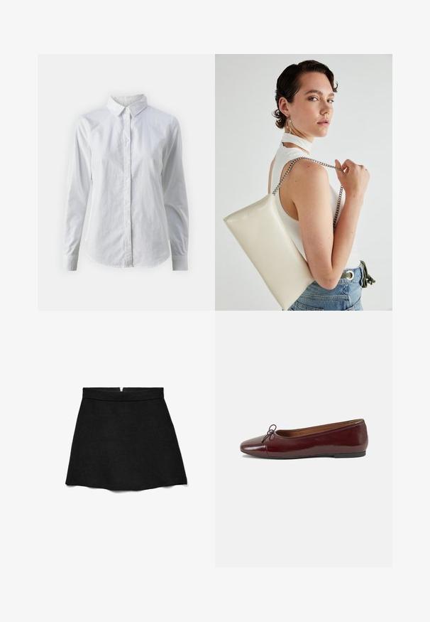 Bjela košulja na dugih rukava od glatkog pamuka, s klasičnom kragnom i zakrivljenim rubom. Dugmad su mala i bijela.; Crna mini suknja trapezastog kroja izrađena od mekog materijala. Ima glatki pojas i diskretan patentni zatvarač na stražnjoj strani za zatvaranje.; Burgundska lakirana balerinka s zaobljenim vrhom, malim mašnom sprijeda i niskom, crnom gumenom potplatu. Glatka tekstura.; Bijela pravokutna torbica s kopčanjem, izrađena od sjajnog materijala, s srebrnim lančićem. Model pozira, prikazujući torbicu na jednostavnoj pozadini.