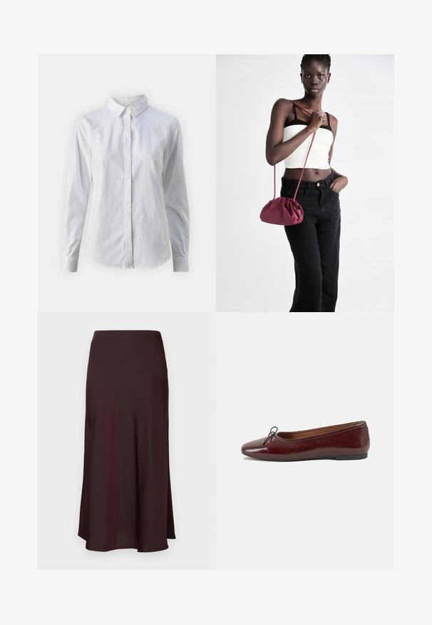 Hvit skjorte med knapper laget av glatt bomull, med klassisk krage, lange ermer og buet skjær. Knapper er små og hvite.; Burgunderfarget sateng midi-skjørt med en jevn tekstur, rett passform og litt utsvingt kant. Ingen synlige mønstre eller hardware-detaljer.; Burgunderrød lakk lær ballettleilighet med rund tå, liten sløyfe foran og en lav, svart gummisåle. Glatt tekstur.; Burgunderfarget myk stoffhåndveske med en samlet design og en lang stropp, båret som en crossover. Modellen har på seg en hvit crop-top og svarte jeans.