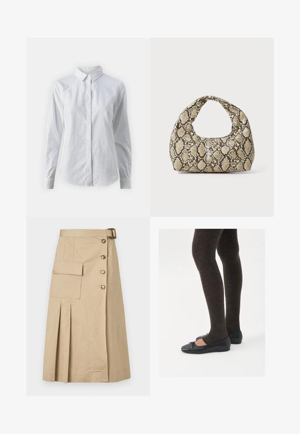 Chemise blanche à manches longues en coton lisse, dotée d'un col classique et d'un ourlet arrondi. Les boutons sont petits et blancs.; Jupe beige mi-longue en mélange de coton. Comprend des boutons à l'avant, une poche latérale et des plis pour une meilleure structure. Texture lisse.; Chaussures plates noires avec un petit nœud au niveau des orteils, associées à des collants côtelés marron foncé. Les chaussures ont une texture lisse et un profil bas.; Sac à main en motif serpent avec une poignée incurvée. Fabriqué à partir de matériaux texturés beiges et bruns, présentant un motif en diamant distinctif.