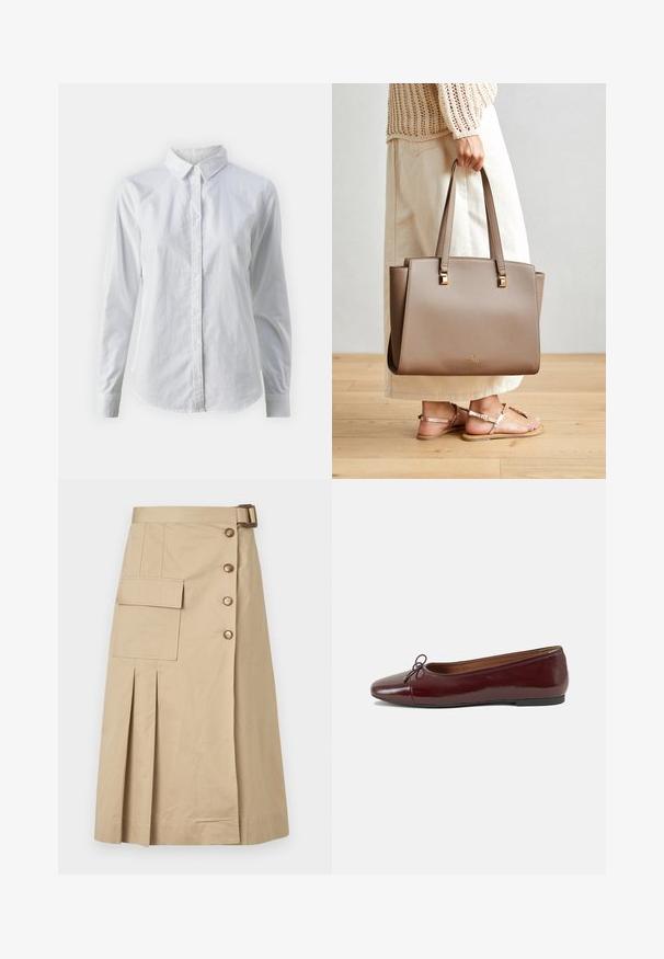 Camisa blanca de botones hecha de algodón suave, con un cuello clásico, mangas largas y un dobladillo curvado. Los botones son pequeños y blancos.; Falda beige hasta la rodilla hecha de una mezcla de algodón. Presenta botones frontales, un bolsillo lateral y pliegues para dar estructura. Textura suave.; Bailarina de charol burdeos con punta redonda, pequeño lazo en la parte frontal y una suela baja de goma negra. Textura suave.; Bolso tote sintético marrón con dos asas largas, acentos metálicos cuadrados y un logo sutil. Combinado con una falda crema clara y sandalias.
