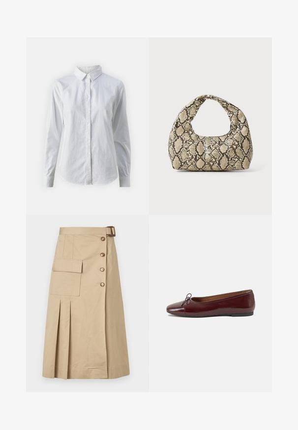 Biela košeľa s gombíkmi vyrobená z hladkej bavlny, s klasickým golierom, dlhými rukávmi a zakriveným lemom. Gombíky sú malé a biele.; Béžová sukňa po kolená vyrobená z bavlneného zmesi. Obsahuje predné gombíky, bočnú kapsu a skladby pre štruktúru. Hladká textúra.; Burgundské lakované balerínky s okrúhlou špičkou, malou mašľou na prednej strane a nízkou čiernou gumovou podrážkou. Hladký povrch.; Kabelka s hadím vzorom a zakriveným rukoväťou. Vyrobená z textúrovaných béžových a hnedých materiálov, s charakteristickým diamantovým vzorom.
