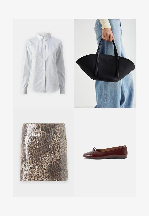 Bílá košile na knoflíky vyrobená z hladké bavlny, s klasickým límcem, dlouhými rukávy a zakřiveným spodním lemem. Knoflíky jsou malé a bílé.; Mini sukni s leopardím potiskem vyrobená z texturované tkaniny, zdobená stříbrnými flitry, které zvýrazňují zvířecí vzor, s přiléhavým střihem.; Burgundské lakové baleríny s kulatou špičkou, malou mašlí vpředu a nízkou černou gumovou podrážkou. Hladký povrch.; Černá kožená kabelka s jedinečným tvarováním ve tvaru vějíře, vybavená plochými uchy. Povrch má jemně zrnitou texturu a minimalistický design.