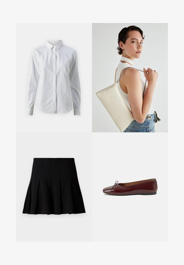 Camisa branca de botão feita de algodão suave, com colarinho clássico, mangas longas e bainha curva. Os botões são pequenos e brancos.; Mini saia plissada preta feita de um tecido liso. Apresenta uma cintura elástica e uma silhueta evasê que se estende até a metade da coxa.; Bailarinas em couro sintético borgonha com bico redondo, pequeno laço na frente e sola baixa em borracha preta. Textura suave.; Bolsa de mão retangular branca, feita de material brilhante, com uma alça em corrente prateada. Modelo posa, exibindo a bolsa contra um fundo simples.