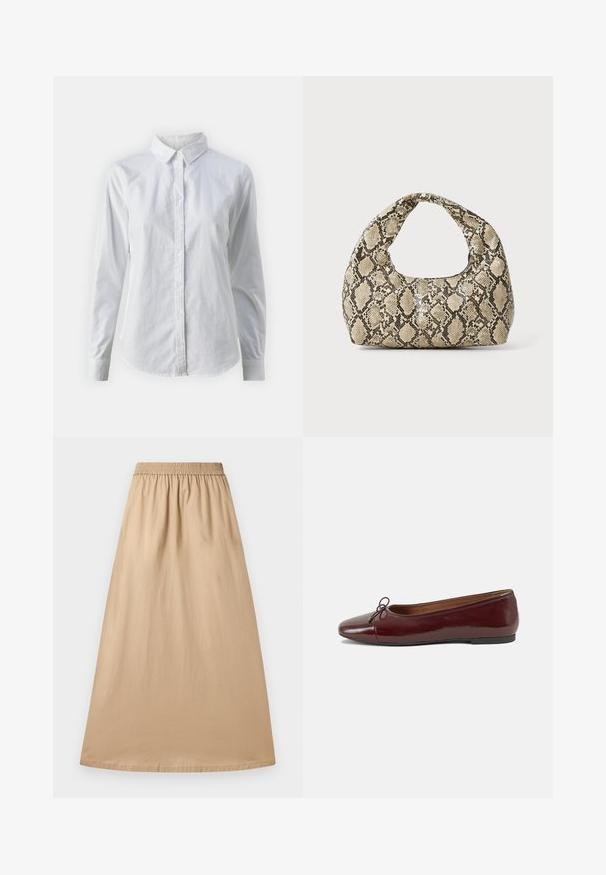 Hvit skjorte med knapper laget av glatt bomull, med klassisk krage, lange ermer og buet skjær. Knapper er små og hvite.; Beige maxi skjørt laget av lett materiale, med elastisk midjebånd og glatt tekstur, med et rett og flytende design.; Burgunderrød lakk lær ballettleilighet med rund tå, liten sløyfe foran og en lav, svart gummisåle. Glatt tekstur.; Veske med slangeskinnmønster og krummet håndtak. Laget av teksturerte, beige og brune materialer, med et særegent diamantmønster.