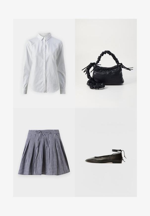 Balta pogājamā krekla augšdaļa, izgatavota no gluda kokvilnas, ar klasisku apkakli, garām piedurknēm un izliekto apakšmalu. Pogas ir mazas un baltas.; Navy un baltā krāsā raibuma svārki ar krokām, saistējamām jostas daļām un izplestu formu. Izgatavoti no viegla auduma.; Melnas ādas baleta kurpes ar smailu purngalu, potītes saitēm un plakanu zoli, kas izceļas ar gludu tekstūru un minimālistisku dizainu.; Melnā mākslīgās ādas rokassoma ar krokodila rakstu, savilkta augšdaļa un saburzīta siksna. Izskatās mīksta un kompakta pēc dizaina.