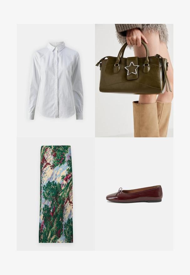 Camisa blanca de botones hecha de algodón suave, con un cuello clásico, mangas largas y un dobladillo curvado. Los botones son pequeños y blancos.; Tela estampada que presenta un paisaje con árboles verdes, flores rojas, una casa de techo rojo y un cielo azul. Textura suave.; Bailarina de charol burdeos con punta redonda, pequeño lazo en la parte frontal y una suela baja de goma negra. Textura suave.; Bolso de mano de cuero sintético verde oliva con acento de estrella plateada, doble asa y cierre de cremallera. Superficie texturizada y forma estructurada.