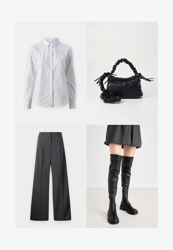 Balta marškinėliai su mygtukais, pagaminti iš lygios medvilnės, su klasikiniais apykaklės, ilgomis rankovėmis ir lenktu kraštu. Mygtukai maži ir balti.; Tamsiai pilkos plačios kojos kelnės, turinčios aukštą liemenį, vieną raukšlę ir sklandžią tekstūrą su tvarkingais kraštais.; RAID ADDISEY - Ilgaauliai batai virš kelių - black; Juodas dirbtinės odos rankinė su krokodilo tekstūra, sušnibždinta viršuje ir susikraipytu dirželiu. Atrodo minkšta ir kompaktiška.