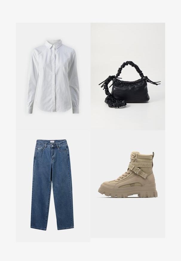 Fehér, sima pamutből készült gombos ing, klasszikus gallérral, hosszú ujjakkal és ívelt hemvéggel. A gombok kicsik és fehérek.; Klasszikus kék farmernadrág egyenes szárú dizájnal, öt zsebbel és gombos zárással. Közepes mosású és strapabíró textúrával rendelkezik.; Barna magas szárú csizmák szintetikus anyagból, vastag talppal, texturált szövet részletekkel és logós pánttal.; Fekete műbőr kézi táska krokodil bőr textúrával, összehúzható tetejű és gyűrt pánttal. Lágy és kompakt dizájnúnak tűnik.