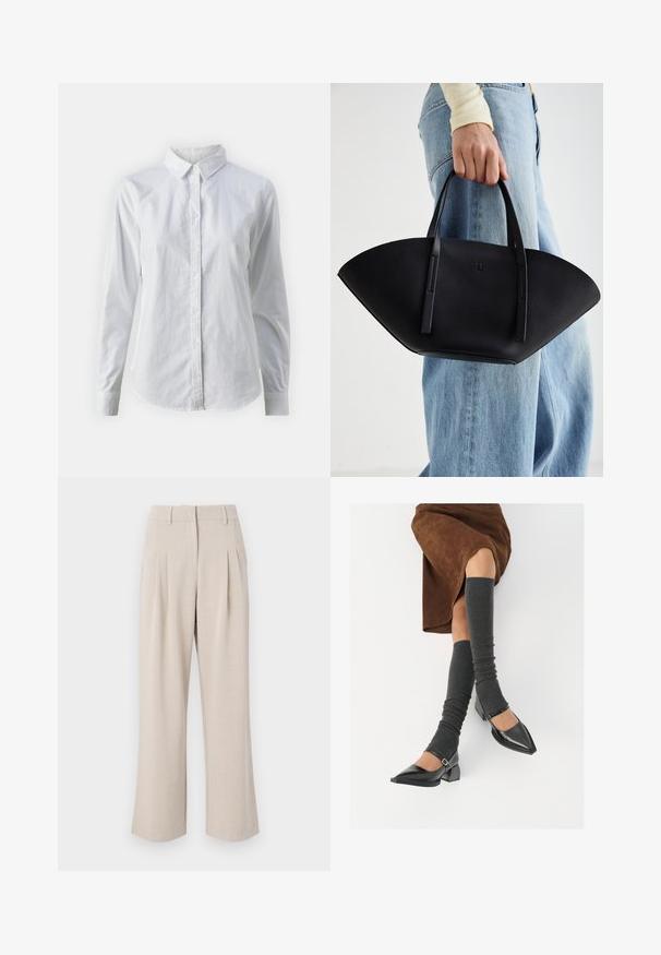 Valkoinen napitettava paita, joka on valmistettu sileästä puuvillasta. Paidassa on klassinen kaulus, pitkät hihat ja kaareva helma. Nappien koko on pieni ja ne ovat valkoiset.; Vaaleanbeige leveät housut, joissa on korkea vyötärö, etupleatsit, sileä pinta ja muotoiltu design. Ei näkyviä taskuja tai koristeita.; Musta lakattu nahkakengät teräväkärkisillä, leveällä kantapäällä ja nilkkahihnalla, yhdistettynä harmaisiin ribattuihin säärystimiin ja ruskeaan mokkasiinimekkoon.; Musta nahkainen käsilaukku, jossa on ainutlaatuinen tuulihattukuvio, jossa on litteät kahvat. Pinnassa on karkeapintainen rakenne ja minimalistinen muotoilu.