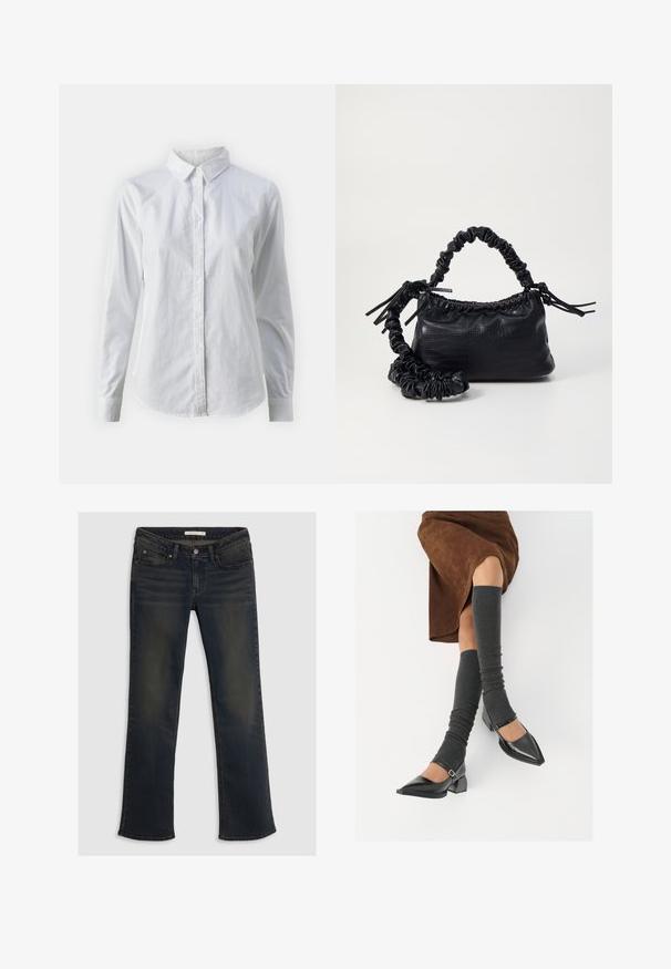White button-up shirt made of smooth cotton, featuring a classic collar, long sleeves, and a curved hem. Buttons are small and white.; Dark blue denim jeans featuring a straight leg design, five pockets, and subtle fading details. Top button closure with belt loops.; Black patent leather pointed-toe shoes with a block heel and ankle strap, paired with gray ribbed leg warmers and a brown suede skirt.; Black faux leather handbag with a crocodile texture, cinched top, and a scrunched strap. Appears soft and compact in design.