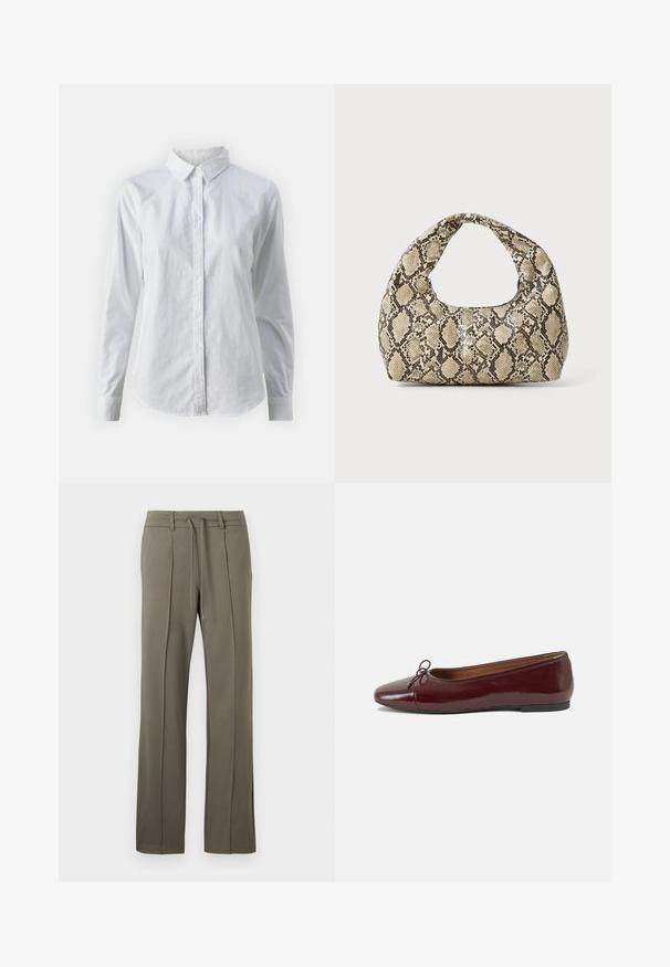 Camicia bianca con bottoni, realizzata in cotone liscio, dotata di un colletto classico, maniche lunghe e orlo curvo. I bottoni sono piccoli e bianchi.; Pantaloni khaki con un design a gamba dritta, vita con coulisse e due pieghe frontali. Realizzati in un tessuto morbido e testurizzato.; Ballerine in pelle verniciata bordeaux con punta arrotondata, piccolo fiocco decorativo sulla parte anteriore e suola bassa in gomma nera. Texture liscia.; Borsa a stampa rettile con manico curvo. Realizzata in materiali testurizzati beige e marroni, presenta un distintivo motivo a rombi.