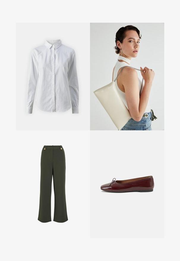 Hvid skjorte med knapper lavet af glat bomuld, der har en klassisk krave, lange ærmer og en buet kant. Knapperne er små og hvide.; Olivenfarvede bukser med bred benvidde og en glat tekstur, der har to guldfarvede knapper i taljen og en ren, skræddersyet silhuet.; Bordeaux patentlæder balletflad med rund tå, lille sløjfeaccent foran og en lav, sort gummisål. Glat tekstur.; Hvid rektangulær clutch-taske lavet af skinnende materiale, med en sølv kædetransport. Modellen poser, mens hun fremviser tasken mod en ensfarvet baggrund.
