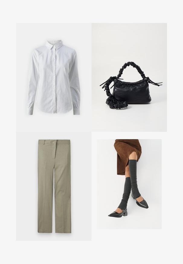 Witte overhemd met knopen van glad katoen, met een klassieke kraag, lange mouwen en een afgeronde zoom. De knopen zijn klein en wit.; Licht olijfgroene broek, getailleerde pasvorm, met een vlakke voorkant, twee zijzakken en een gladde, gestructureerde stof. Geen zichtbare patronen of accenten.; Zwarte gepatineerde leren pumps met een puntige neus, een blokhak en een enkelbandje, gecombineerd met grijze geribde beenwarmers en een bruine suède rok.; Zwarte nepleer handtas met een krokodillenstructuur, opgedroogde bovenkant en een gekreukte hengsel. Het lijkt zacht en compact van ontwerp.