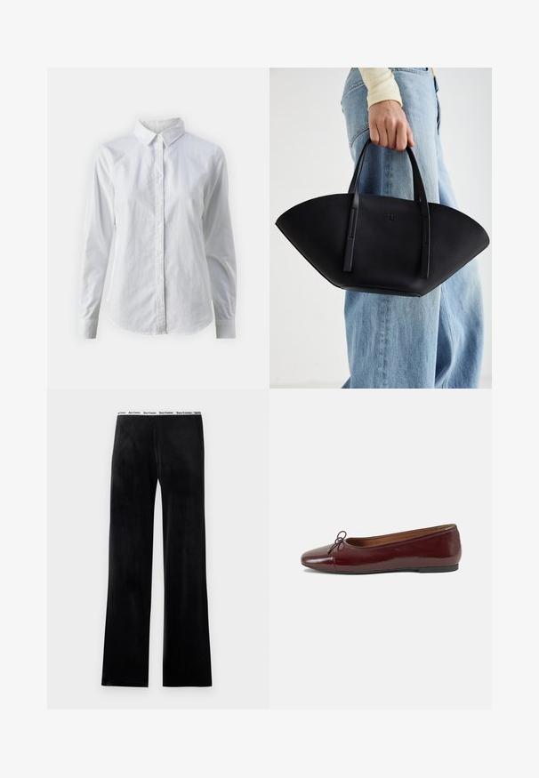 Bílá košile na knoflíky vyrobená z hladké bavlny, s klasickým límcem, dlouhými rukávy a zakřiveným spodním lemem. Knoflíky jsou malé a bílé.; Černé fleecové kalhoty s rovnými nohavicemi, v bílé elastické manžetě se značkovým textem. Měkounká textura, žádné další vzory.; Burgundské lakové baleríny s kulatou špičkou, malou mašlí vpředu a nízkou černou gumovou podrážkou. Hladký povrch.; Černá kožená kabelka s jedinečným tvarováním ve tvaru vějíře, vybavená plochými uchy. Povrch má jemně zrnitou texturu a minimalistický design.